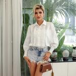 Lantern Sleeved High Neck Flared Blouse Chic Black High Waisted Lace Tops With