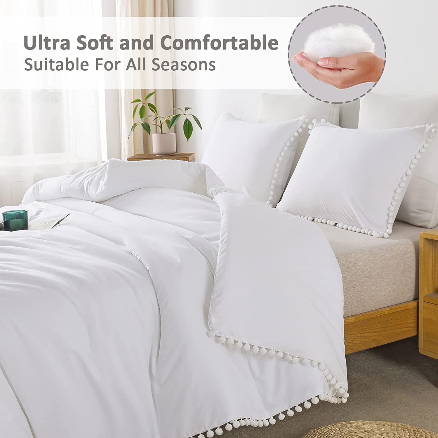 130 * 70 Fabric Density White Pom Pom Fringe Duvet Cover and Pillowcase Set 3 Pieces