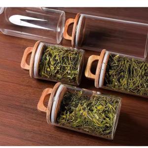 Quality candy kitchen thick borosilicate tea coffee food storage container airtight acacia wood jar canister set wholesale