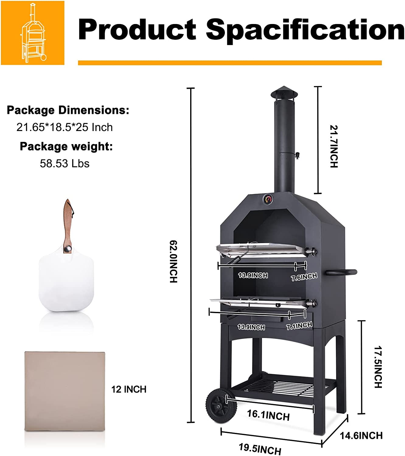 Wood Fired Coal Charcoal Stove Pizza Maker Trolley for Outdoor Patio Cooking Area 49*35cm