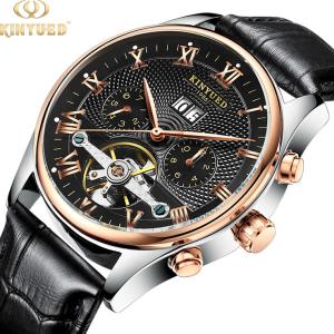 Quality KINYUED Hot Sale Men Tourbillon Automatic Mechanical Watch Leather Strap Date Week Month wholesale