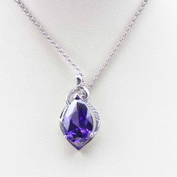 925 Silver 6mmx8mm Purple Aemthyst Cubic Zircon Pendant Necklace (PSJ0401E)