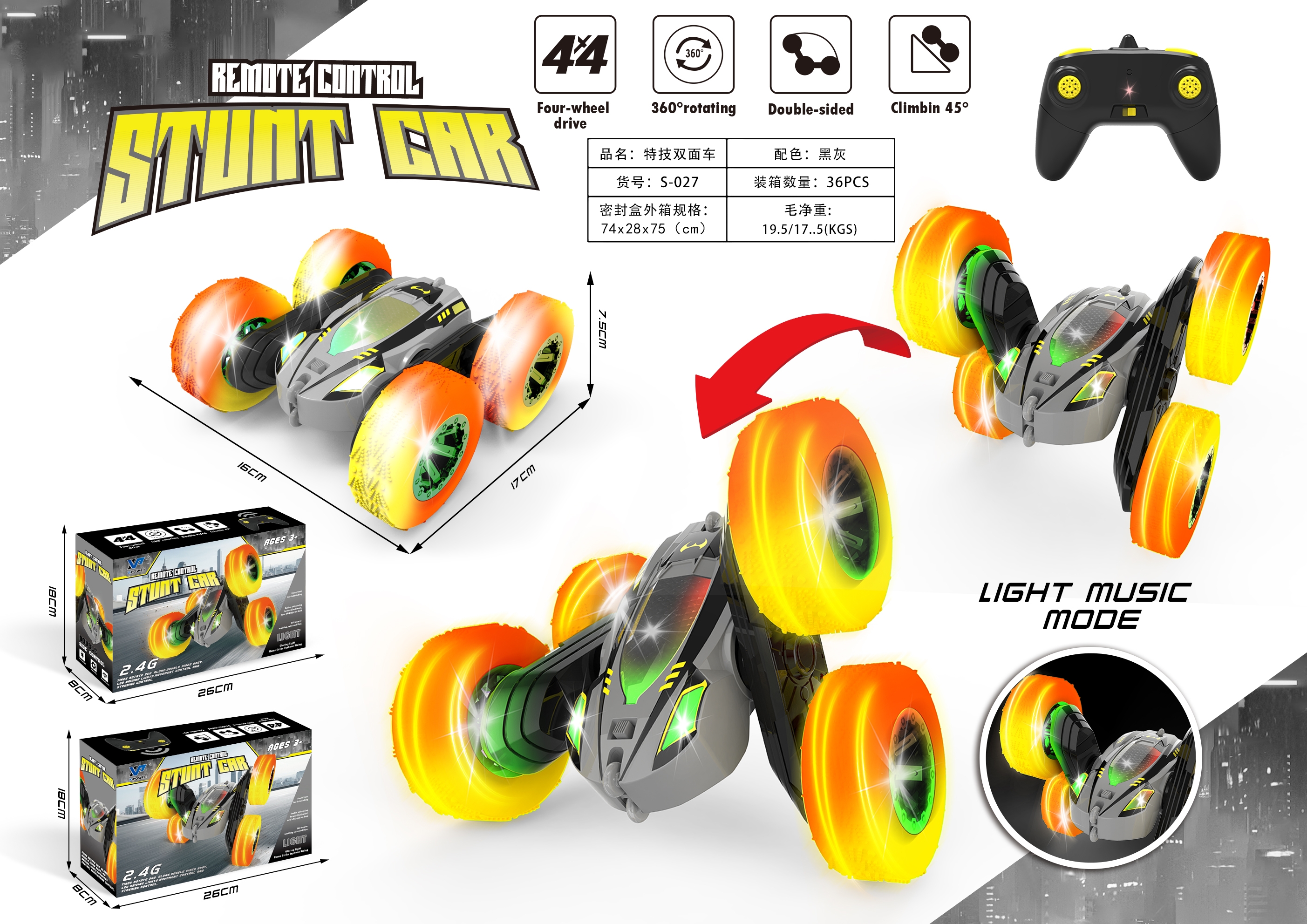 State of Assembly Ready-to-Go High Speed Remote Control Tumbling Stunt Car with Double Side Color Design