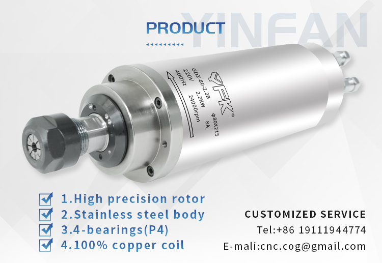 2.2KW Water-Cooled 4 Bearings Woodworking Spindle with Operating Speed 0-24000RPM