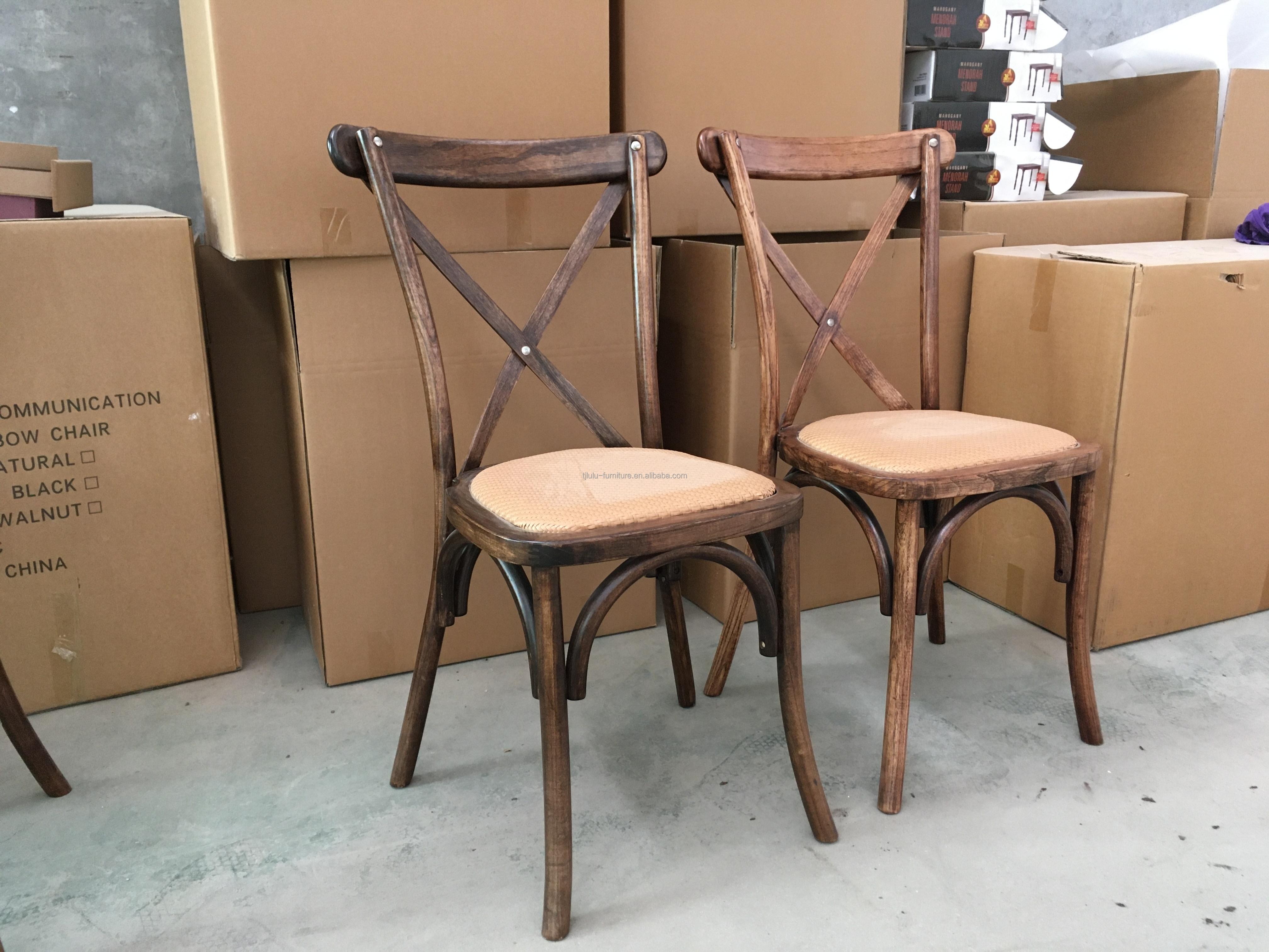 Customized Designs Nordic Modern Rattan Cross Back Stackable Solid Wood Banquet Wedding Wooden Chair OEM Service Accepted