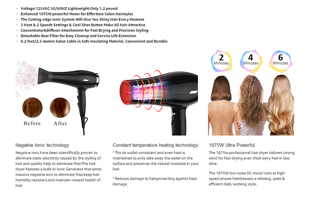 Home Use 1800W Ionic Hair Dryer With DC Motor Plastic Material