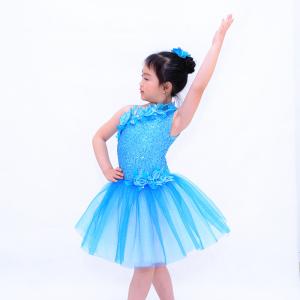 Quality Diagonal Neckline Glitter Floral Tutu Dress Blue Little Girls Dance Clothes wholesale