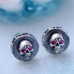Vintage Black 925 Silver Skull Stud Earrings with Red Cubic Zircon (XH054872W)