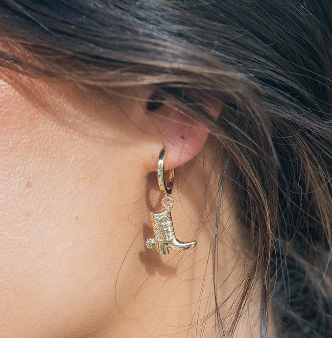 Cowboy Boot Micro Delicate Brass Drop Earrings White CZ Stone Brass Dangle Earrings