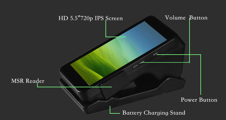 Quick Print Handheld POS System with HD720P 5.5inch Display 7.4V Battery and NFC Card Reader