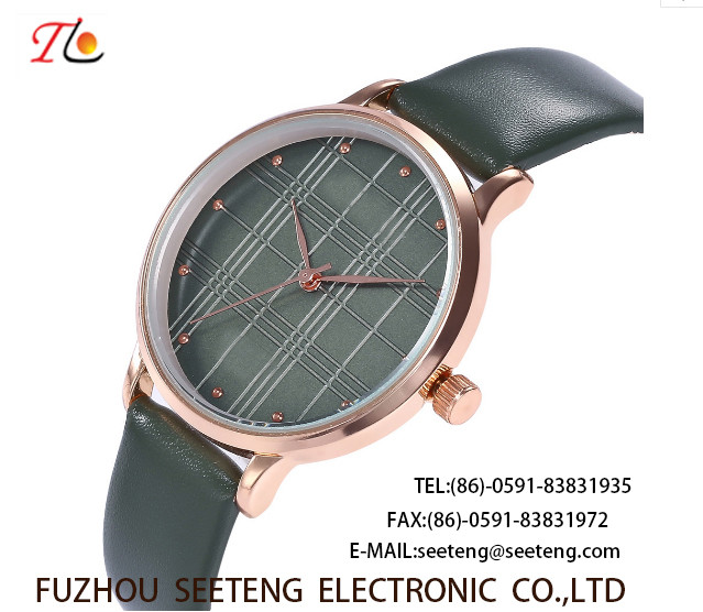 wholesale Pu watch Round dial Gridding alloy case quartz watch fashion watch concise style black pu strap