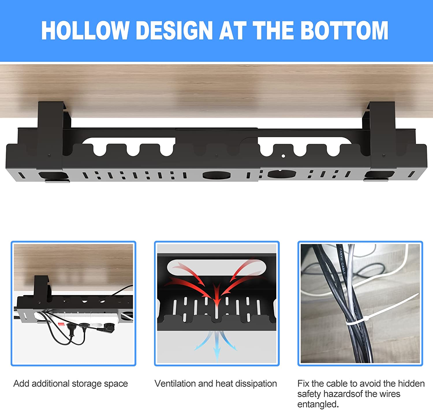 Large Under Table Cable Management Tray Adjustable Cord Wire Organizer for Standing Desk