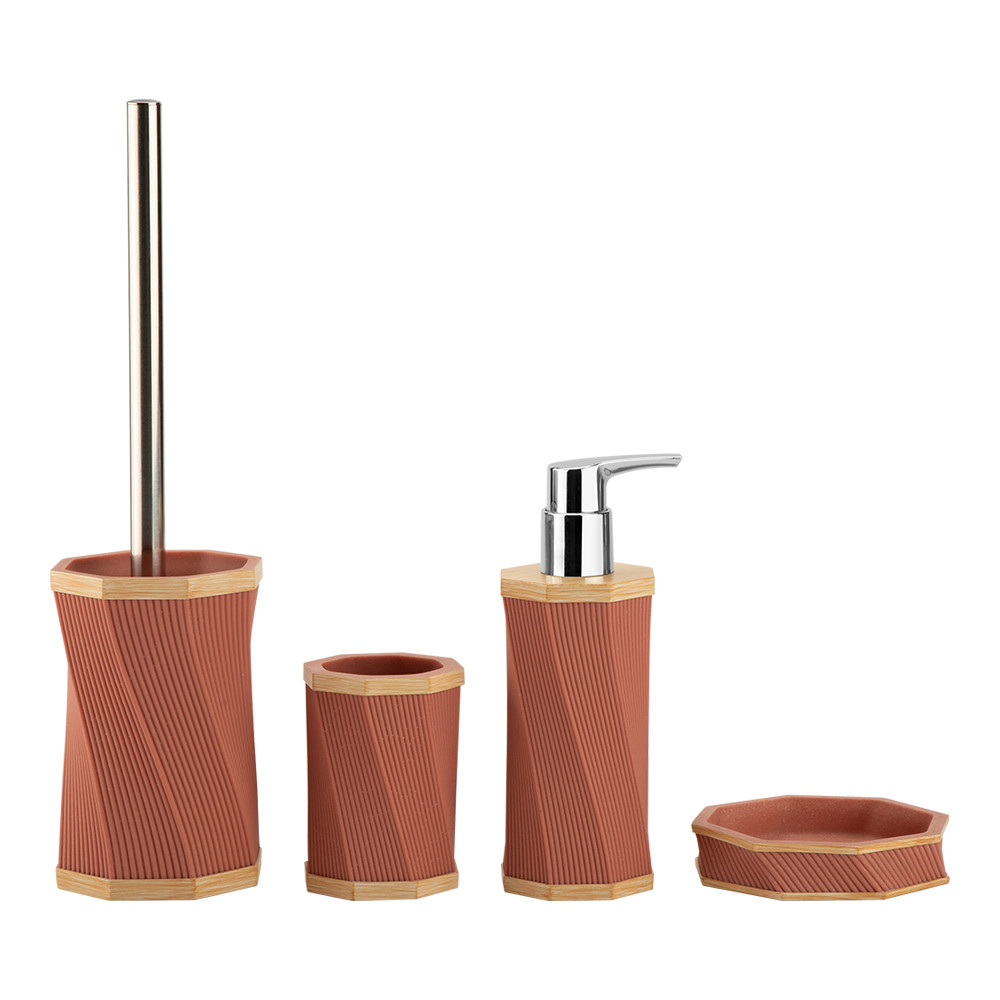 4pcs Sand Stone Bathroom Accessories Set Round With Swirl Stripe Toilet Bowl Brush Hand Soap Bottle