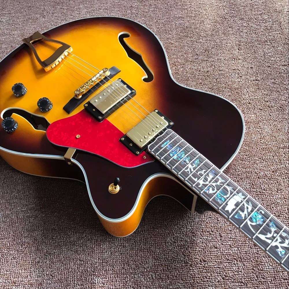 Double F hole OEM hollow body JAZZ electric guitar yellow maple top Jazz guitar free shipping