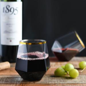 Quality Cocktail Whiskey Diamond Stemless Plastic Wine Glasses 12oz Gold Rim wholesale