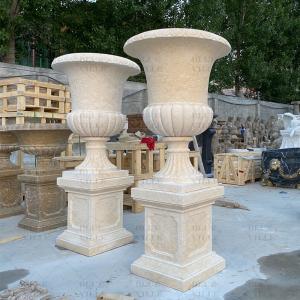 Quality Beige Marble Flowerpot Natural Stone Travertine Vase Planter Classic Garden Decorative Western Style wholesale