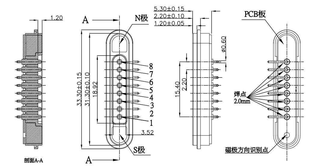 8 Pin Magnetic Connectors 2.2mm Pitch Magnetic Cable Connector Right Angle Use In Electronic Candle Light