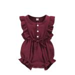 In Stock Summer Baby Girls Romper + Headband Cotton Linen Ruffles Sleeveless