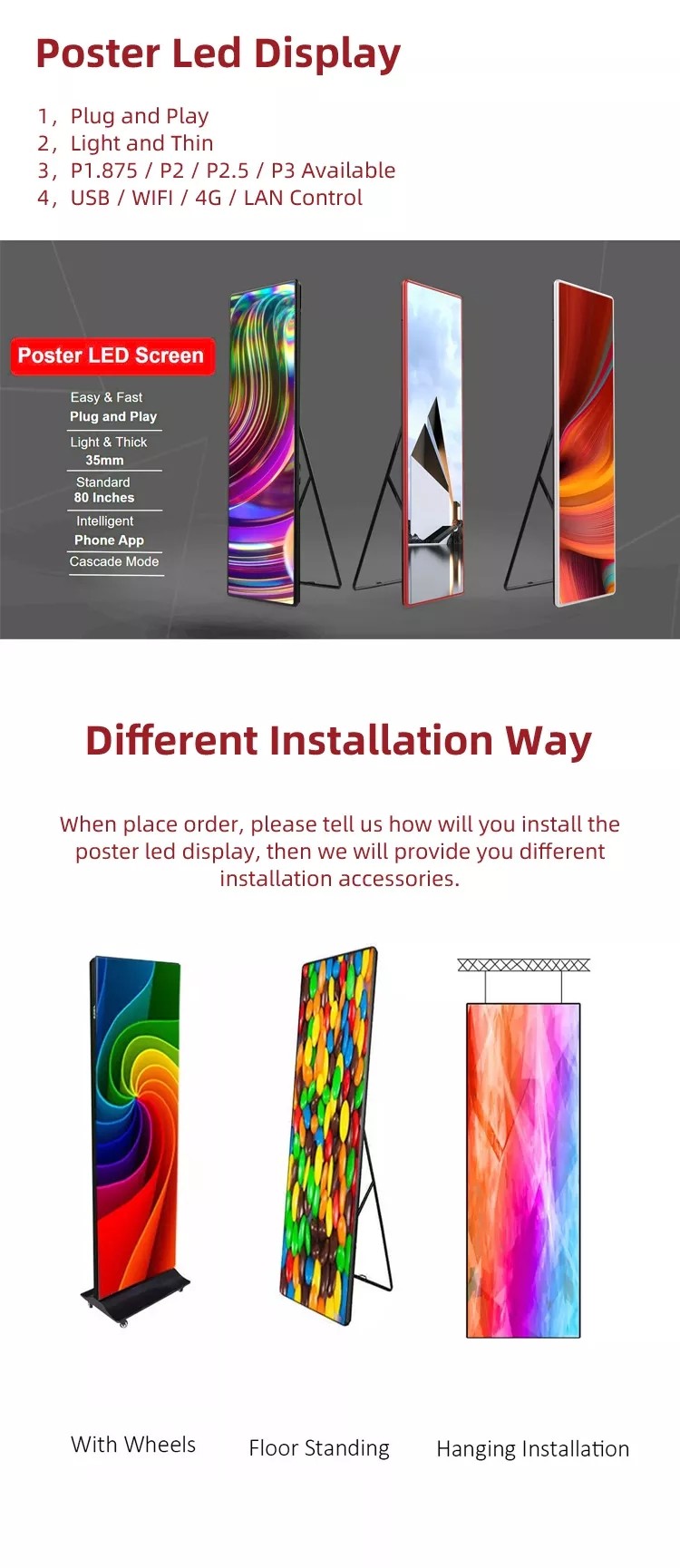 SMD2121 Portable Poster Display Stands P2.5 Full Color For Exhibitions Airports Stations