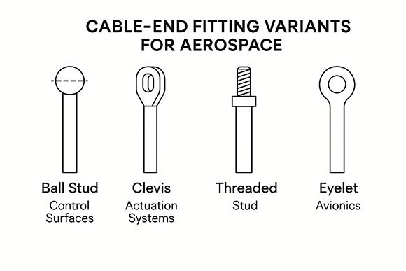 A lineup of cable-end termination types (ball end, clevis, thread stud) for aviation-grade control cable customization.