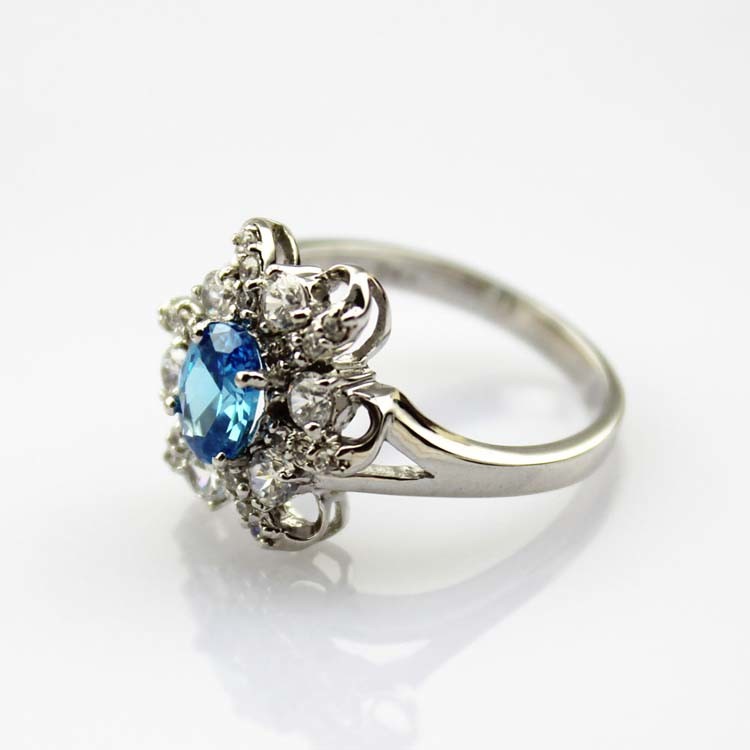 Women Jewelry 5mmx7mm Oval Blue Topaz Clear Cubic Zirconia Silver Ring(F22)