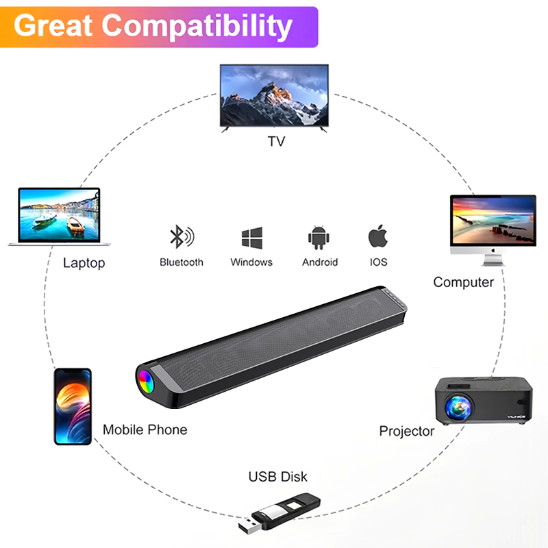 2500mAh 3.7V Battery Capacity TV Sound Bar with Subwoofer and RGB Wireless Bluetooth