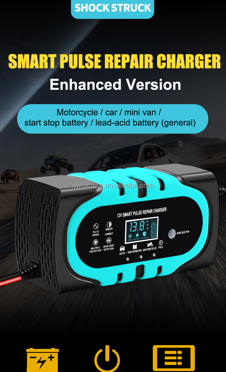 Car 12V 10A LCD Display Smart Battery Charger with Short Circuit Protection and Universal Design