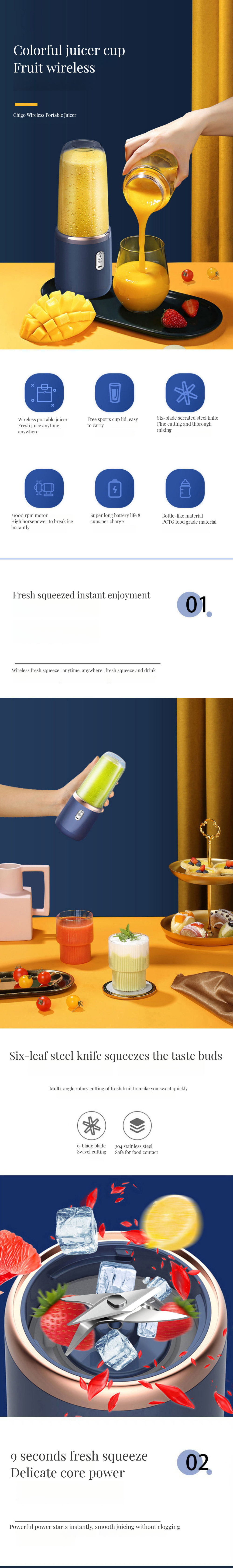 Portable USB Charging Six-Blade Juicer for Healthy Vegetable Drinks Custom Color