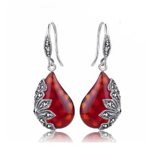 Quality Sterling Silver Marcasite Earrings Red Agate Retro Jewelry (JA1729RED) wholesale