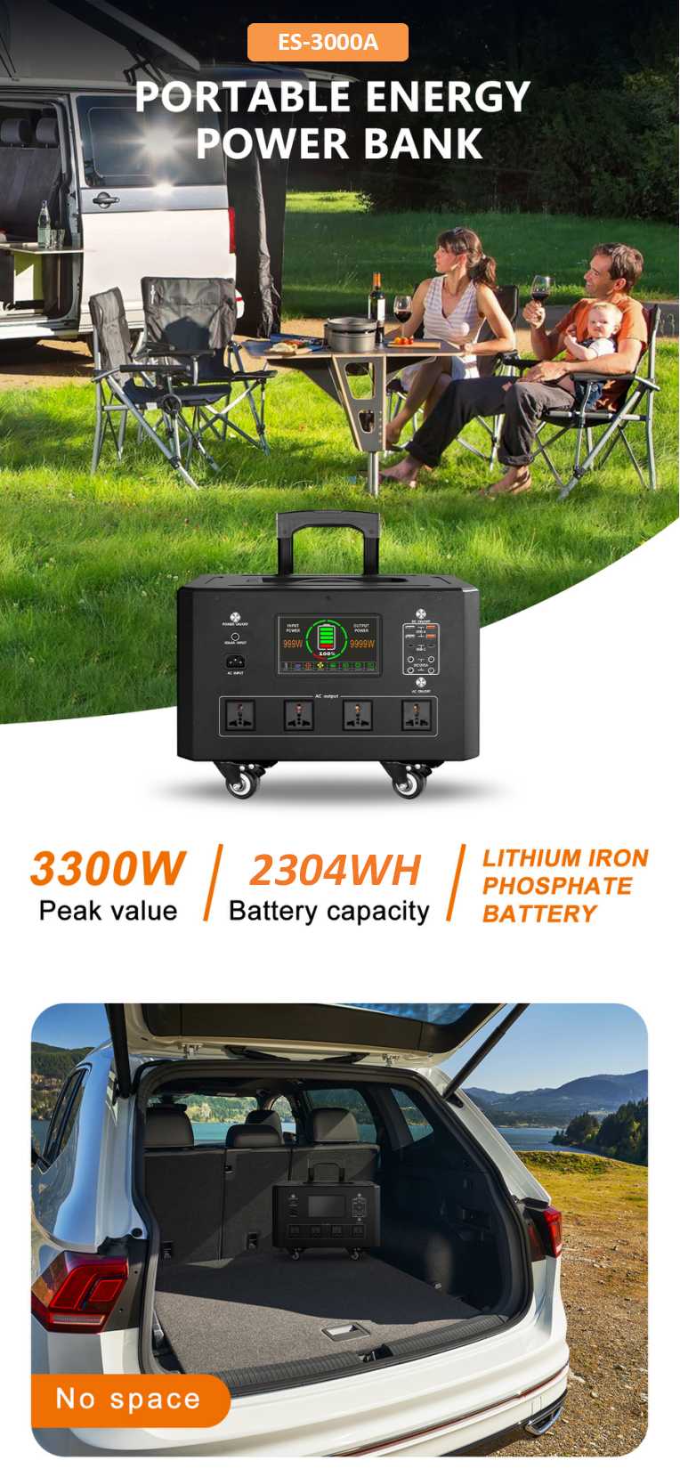 Leakage Protection Portable Solar Battery Charging Station 2.3KWH 3.3KW For Fast Charging