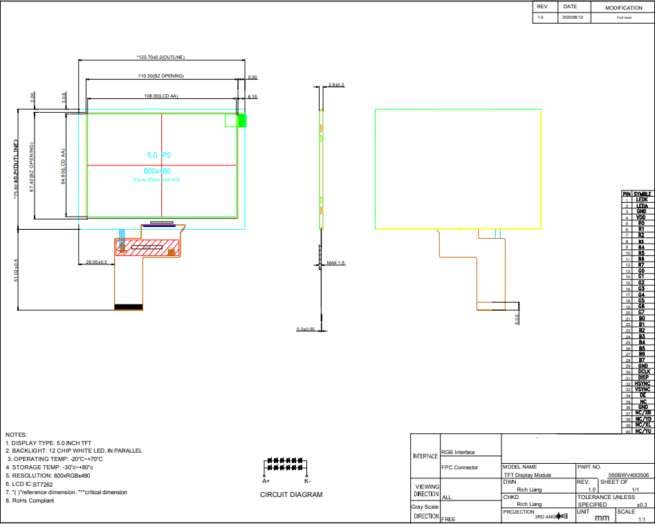 5.0 Inch 800x480 Square Shape Display LCD IPS View Angle LCD Screen 40pin ST7262 Drive TFT Module