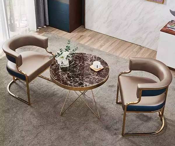 Luxury Style Metal Leather Dining Table And Chairs Iron Gilded Legs Leather Seat OEM