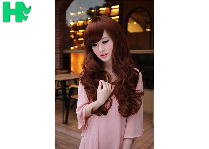 Red Body Wave Left Side Part None Lace Long Synthetic Wigs / Heat Resistant Fiber Hair