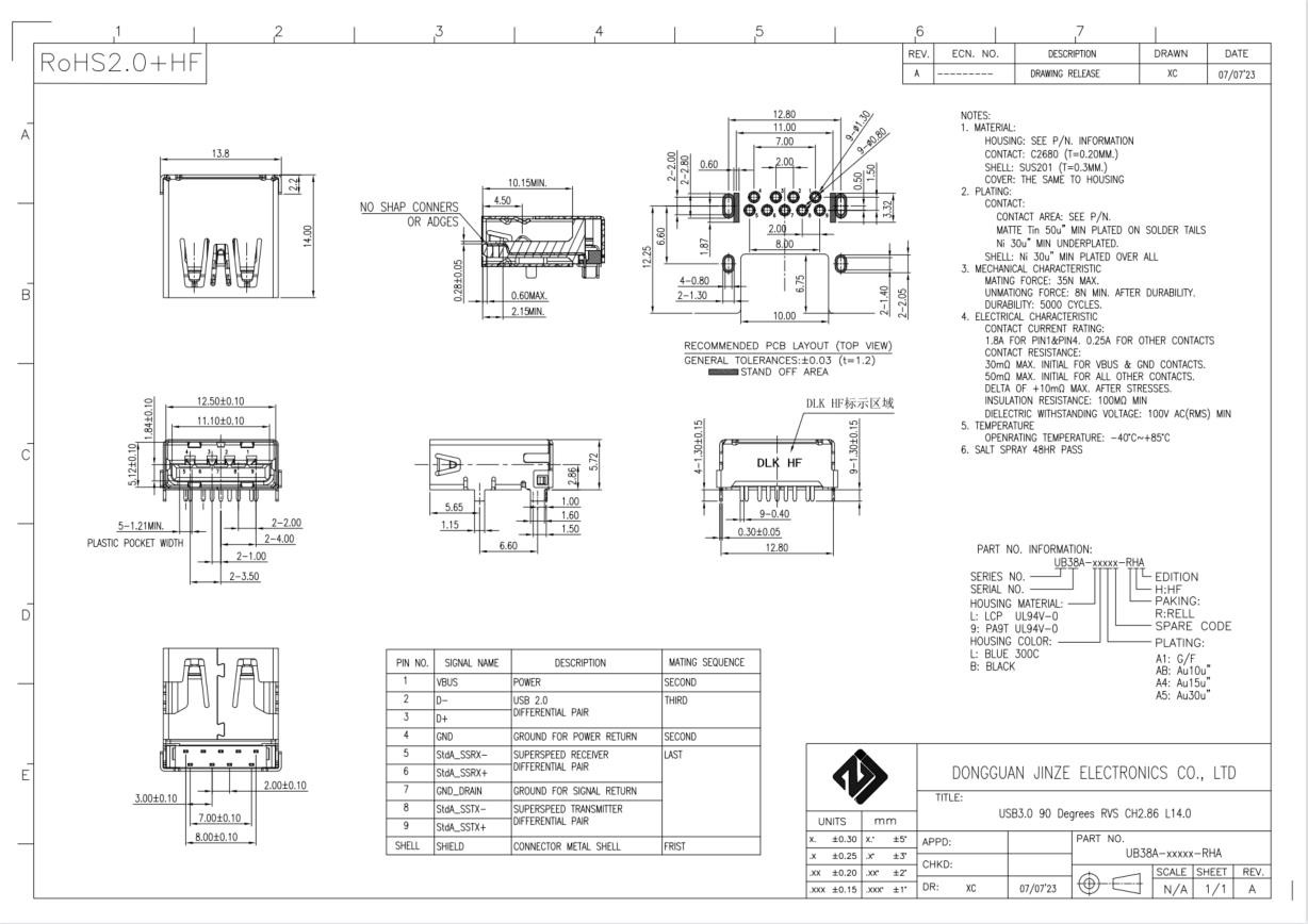 OEM PA9T UL94V-0 90 Degrees RVS USB Socket Connector USB3 A Female
