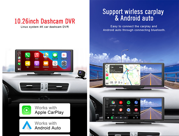 Linux System Car Dash Cam DVR 4K 10.26 Inch 1600*600 Screen Type