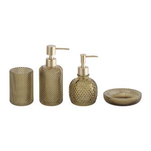 Quality Glass bathroom accessories set green color round shape with small dot hand wash dispenser toilet brushes tumbler holder wholesale