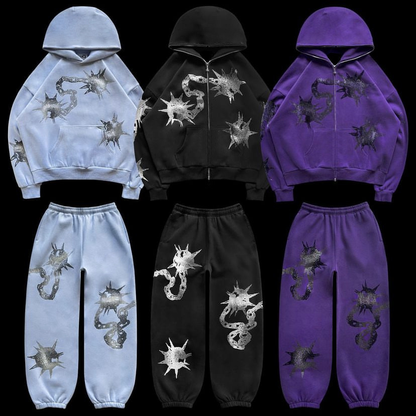 Streetwear Y2k Unisex Full Face Zip Up Bling String Hoodie Set 100% Cotton Custom Men