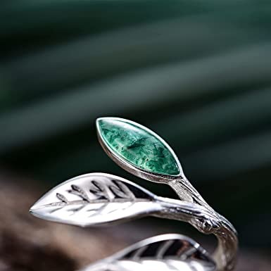 Natural Moss Agate Ring Set For Women Pear Shaped Gold Ring For Women