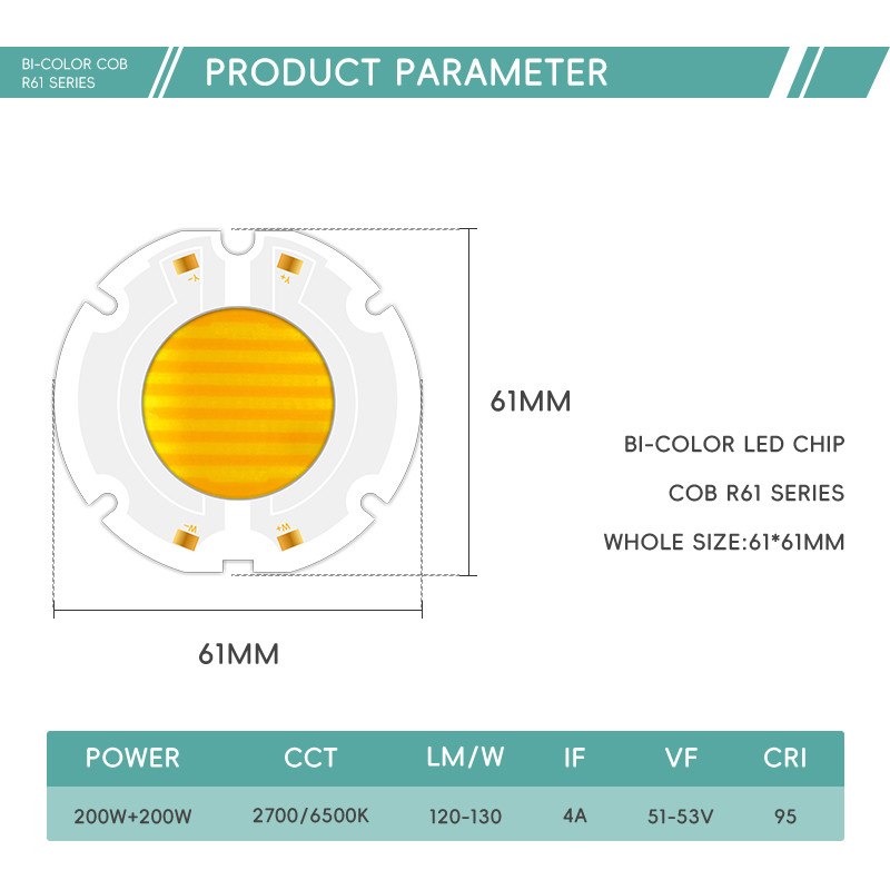 High Power 200W R61 60X60MM 34MM LED COB Chip Bi Color Flip Chip for Stage Light CCT 620nm/460nm
