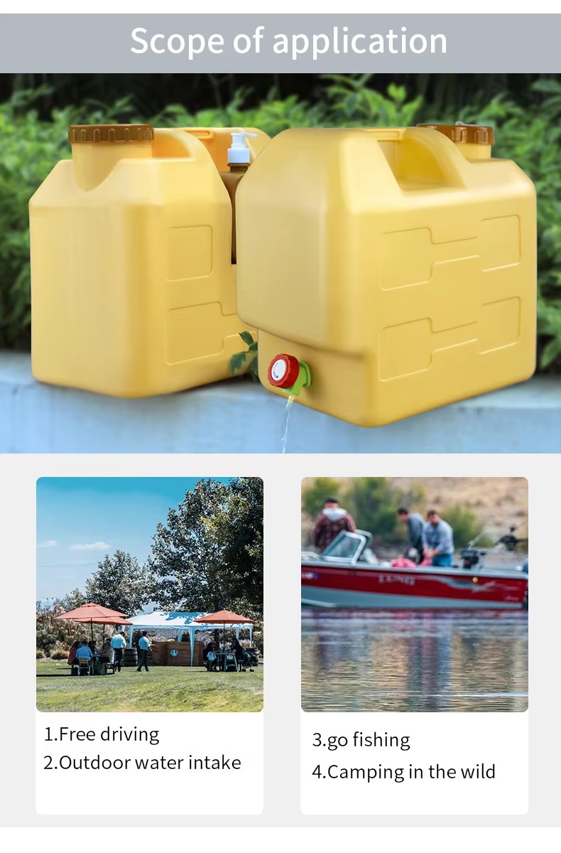 portable 30L plastic jerrycan HDPE 8 gallon water bucket with tap and liquid soap lotion bottle for outdoor car camping