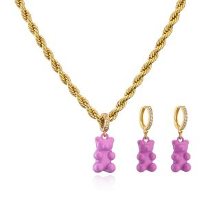 Quality Brass Gold Plated Necklace And Earring Set Drip Oil Cute Teddy Bear Necklace wholesale