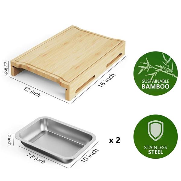Custom Sustainable Rectangle Bamboo Chopping Board with Stainless Steel Drip