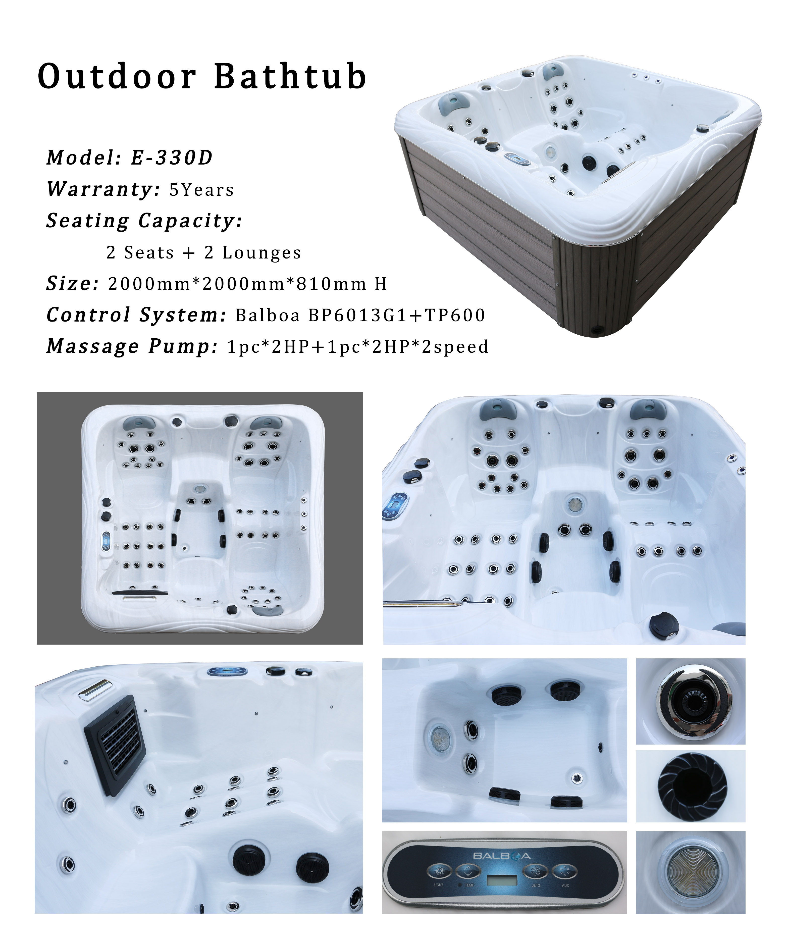Balboa Control System Freestanding Outdoor Bathtub Spa Hot Tub For 4 Persons