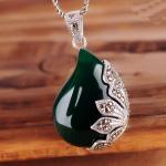 Vintage Jewelry 925 Silver Green Agate Marcasite Drop Pendant Necklace 18 Inches
