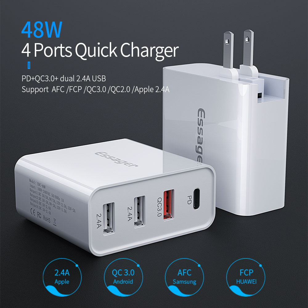 Essager 2021 Earl 48W USB Type C 4 Ports 18W 48W Fast Charging Pd Wall Charger For Mobile Phone With Cable