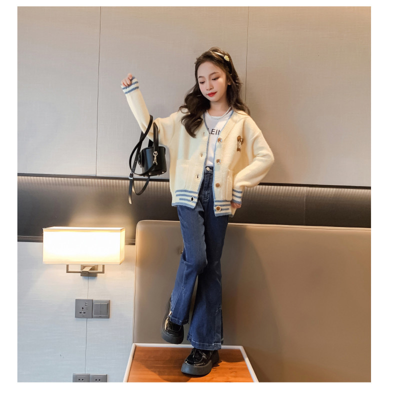 Autumn Winter Embroidery Trendy Children Clothing Girls Korean Apricot Knitted Cardigan Coat