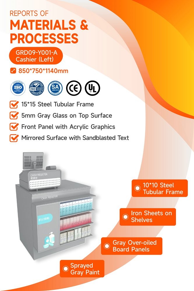 GDR09-Y001-A Retail Display Counter with 5mm Gray Glass and Cash Register Compartment for Mall Booths