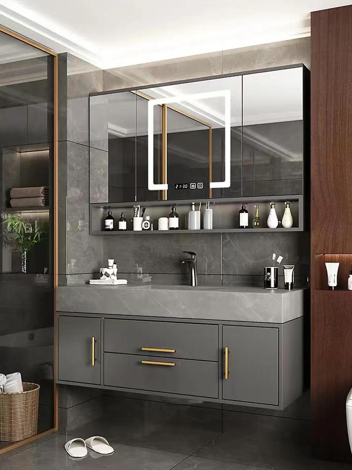 Solid Wood Door Material Sliding Bathroom Mirror Cabinet With Light Handle-Free Design